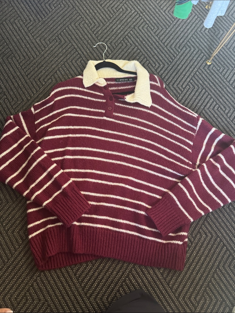 Lioness Burgundy and Cream Striped Polo-Collar Sweater